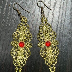 Filigree dangling earrings gold with red stone handmade